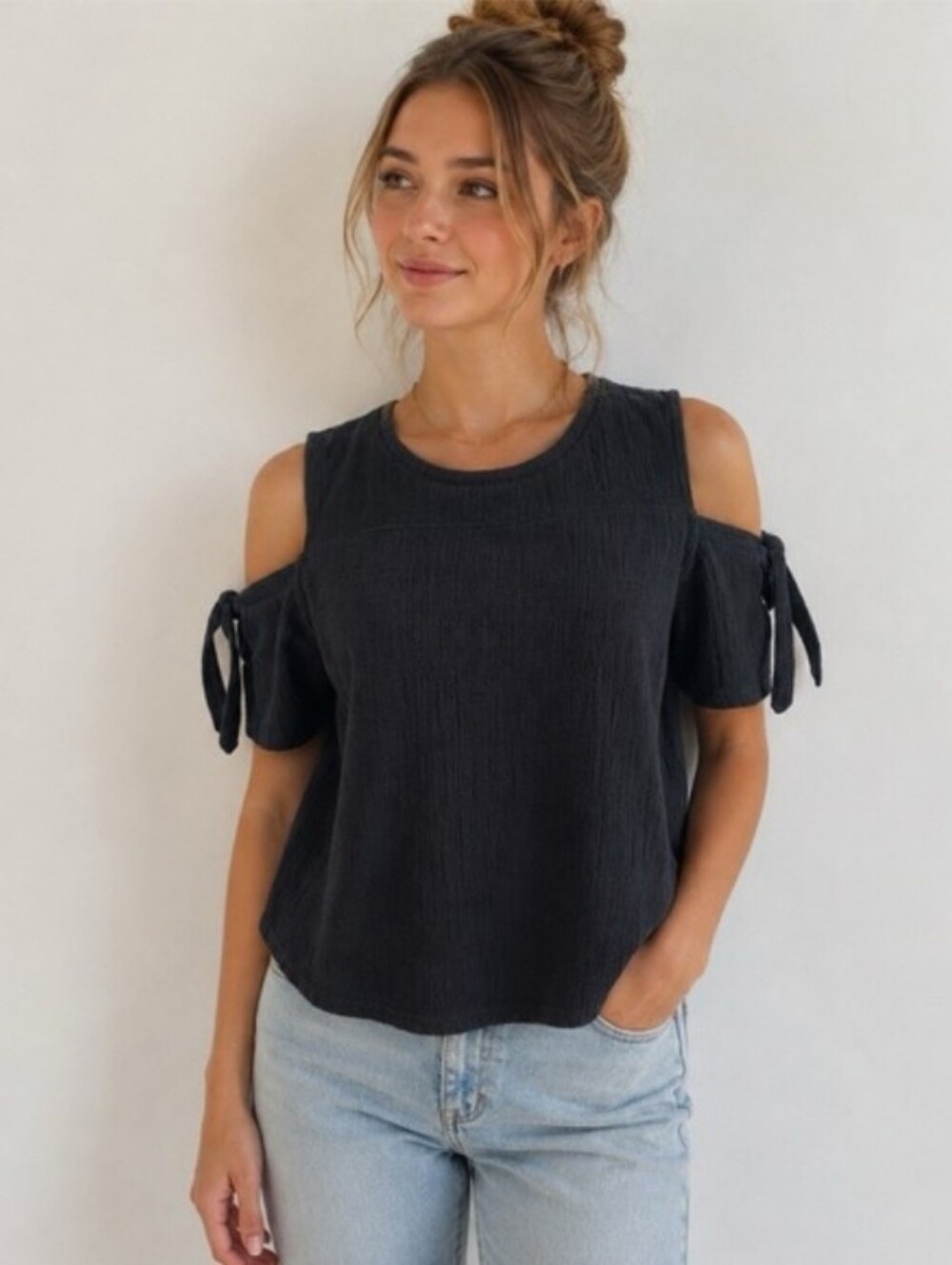 NWT Madewell Cold Shoulder Top Skylark Black Size XS Crinkle Texture